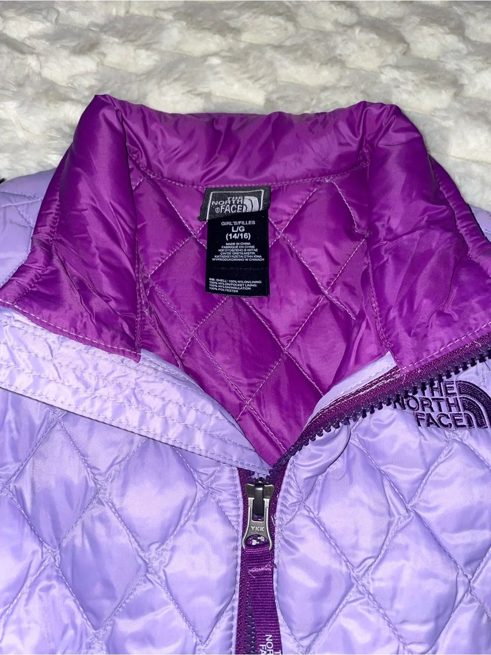 Kids The North Face Thermoball Lavender Quilted Vest with Plum Trim Sz 14/16